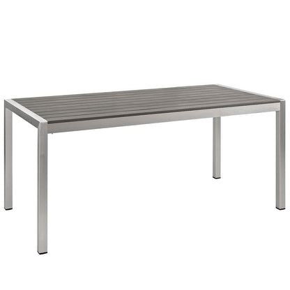 Shore 9 Piece Outdoor Patio Aluminum Dining Set with gray slatted top and silver frame on Tampa Home & Garden Store