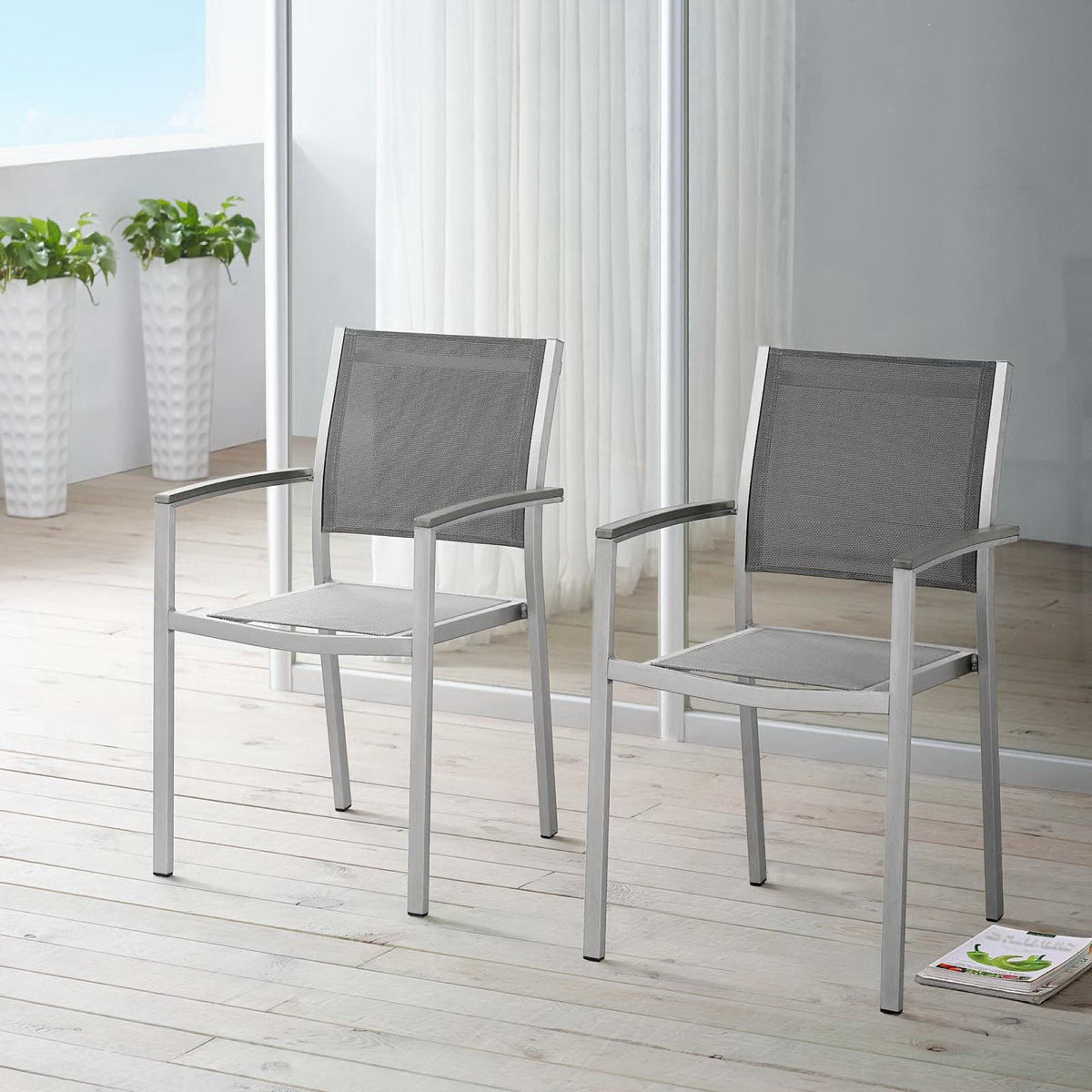 Shore outdoor patio aluminum dining chairs set of 2 in gray mesh by Modway on Tampa Home & Garden Store
