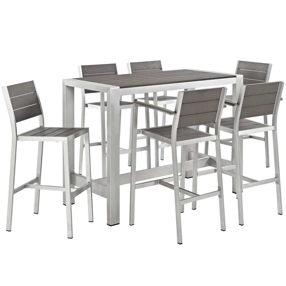 Shore 7 Piece Outdoor Patio Aluminum Dining Set with table and six gray slatted chairs on Tampa Home & Garden Store