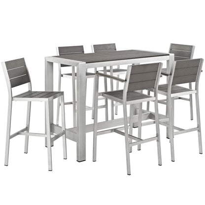 Shore 7 Piece Outdoor Patio Aluminum Dining Set with table and six gray slatted chairs on Tampa Home & Garden Store