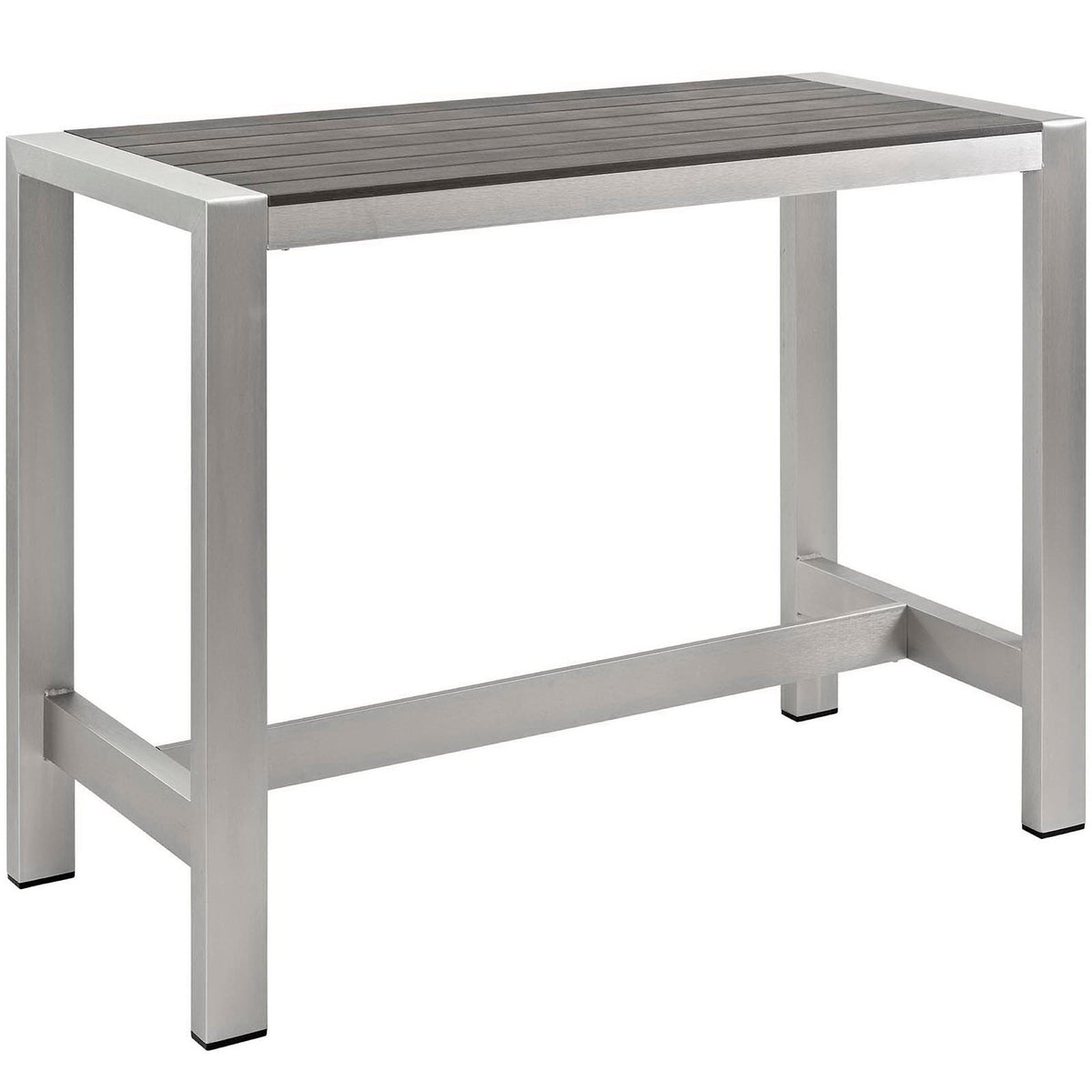 Shore 5 Piece outdoor aluminum dining table set with dark wood slatted top and silver frame on Tampa Home & Garden Store