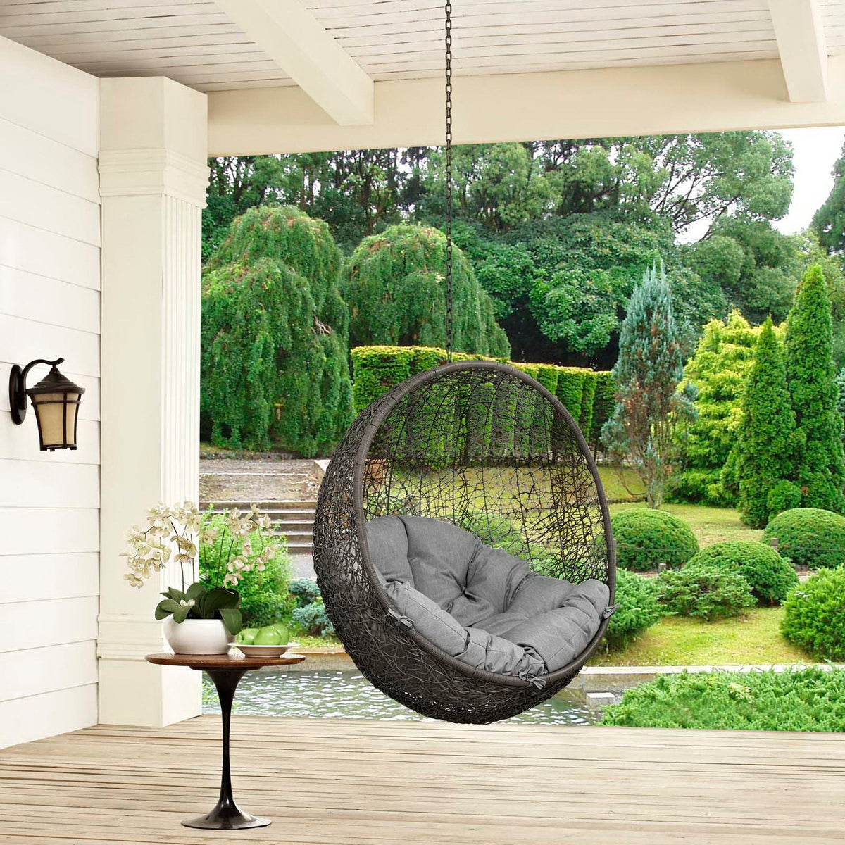 Hide Outdoor Patio Swing Chair Without Stand by Modway dark wicker with gray cushions on porch on Tampa Home & Garden Store