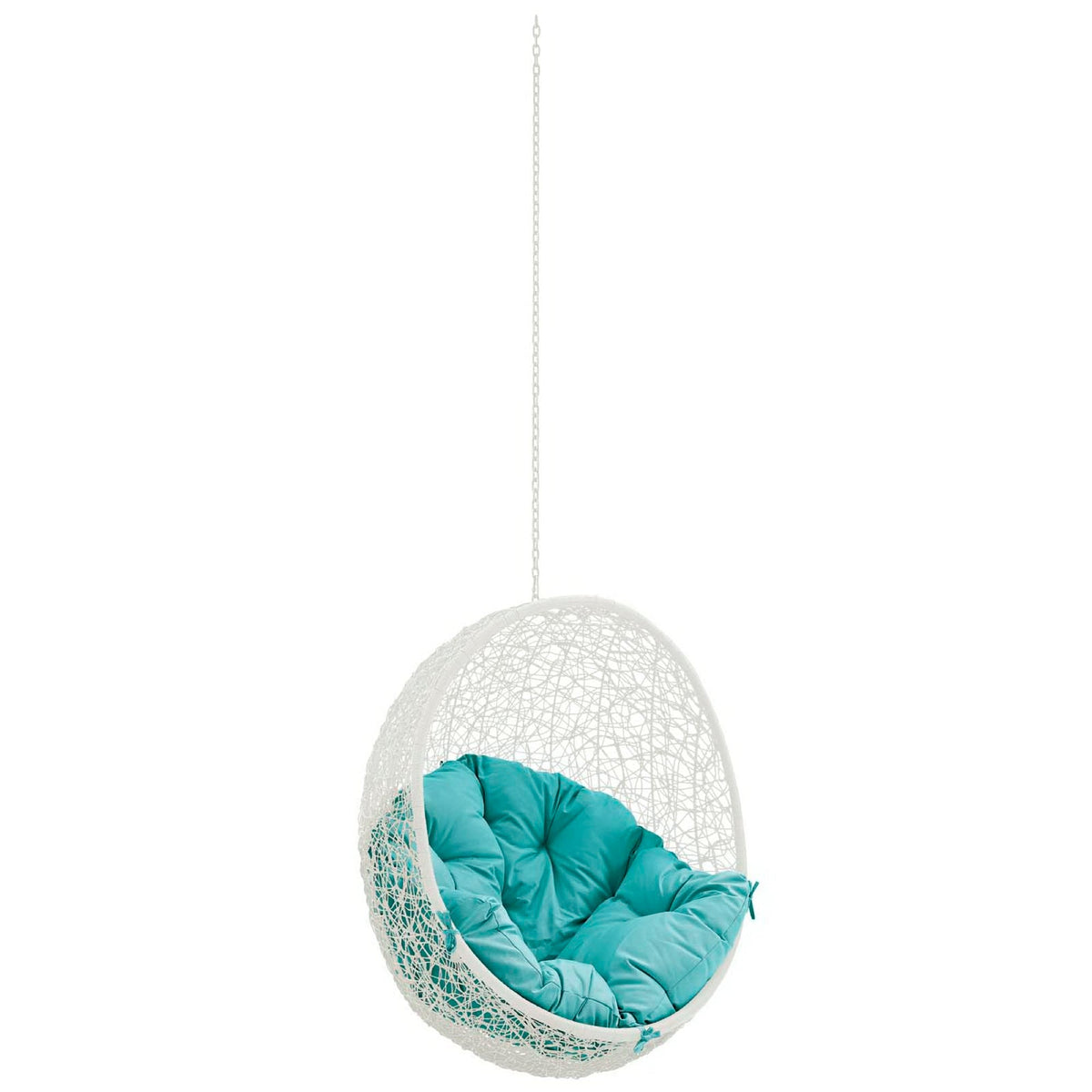 Outdoor hanging egg chair with teal cushion, white woven wicker, chain suspension on Tampa Home & Garden Store