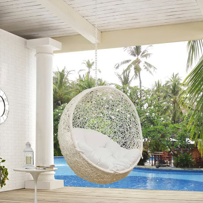 Hide Outdoor Patio Swing Chair white wicker hanging chair with cushioned seat and chain on Tampa Home & Garden Store