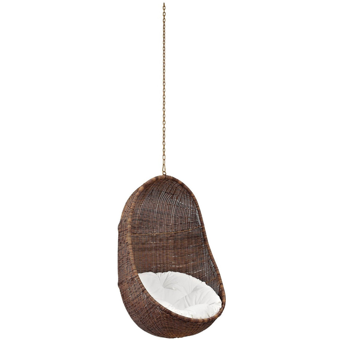 Bean outdoor wicker egg chair with white cushion, hanging by chain, HouseOfZazla on Tampa Home & Garden Store