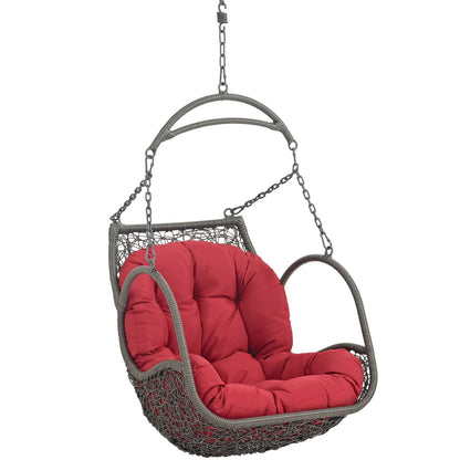 Arbor outdoor hanging swing chair without stand, gray woven rattan frame with red cushioned seat on Tampa Home & Garden Store