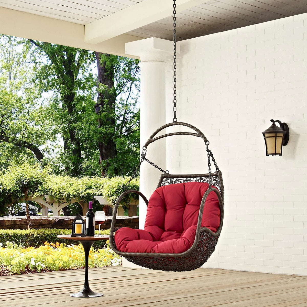 Arbor outdoor hanging wicker patio swing chair with red cushion, without stand on Tampa Home & Garden Store