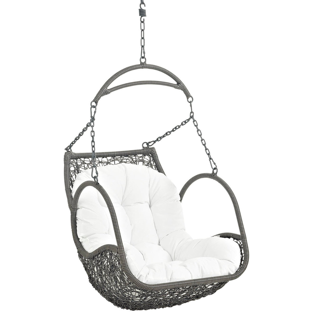 Arbor outdoor patio hanging swing chair gray woven wicker with white cushions on Tampa Home & Garden Store