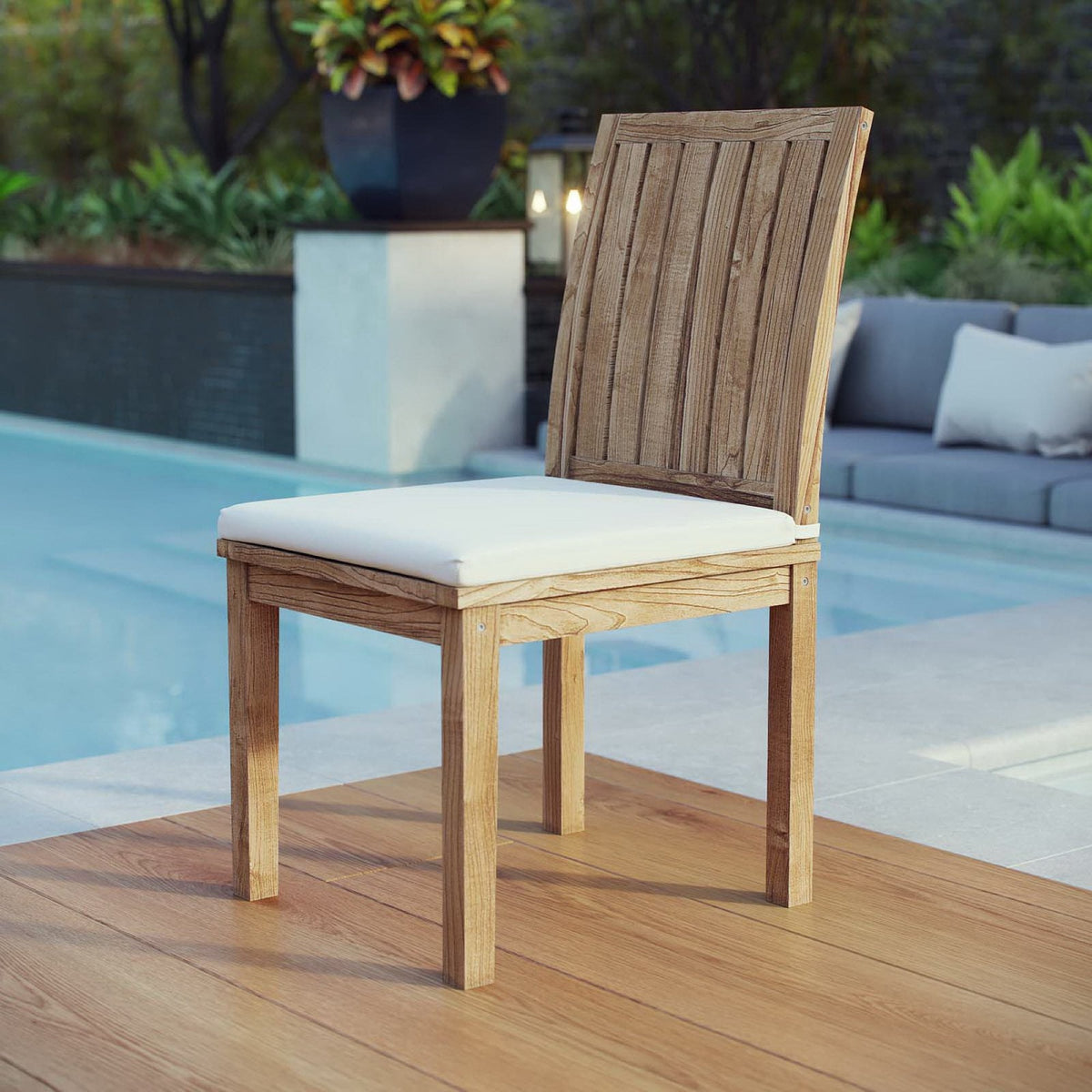 Marina Outdoor Patio Teak Dining Chair by Modway, natural teak wood with white cushion on Tampa Home & Garden Store