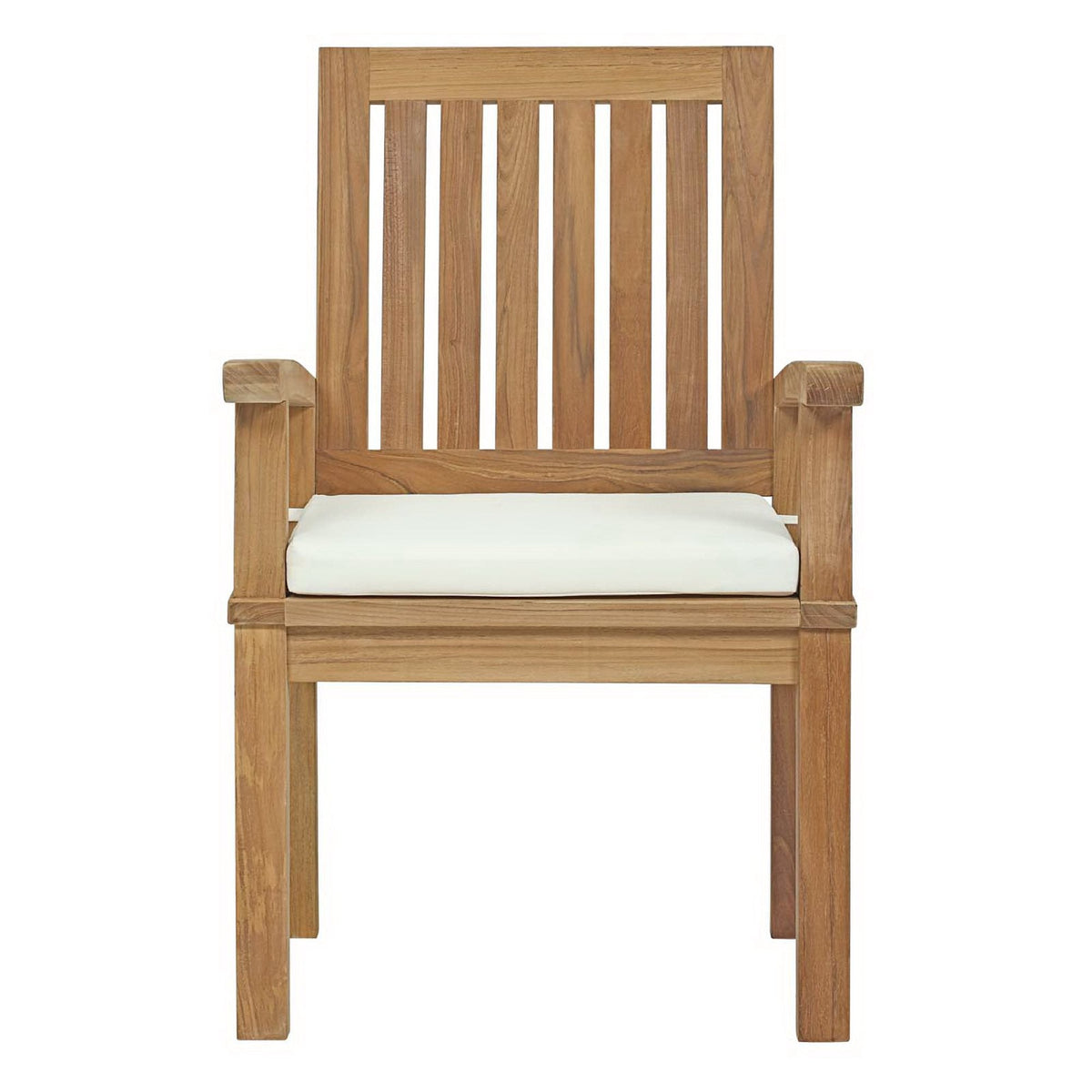 Marina Outdoor Patio Teak Dining Chair solid teak with white cushion and slatted back on Tampa Home & Garden Store