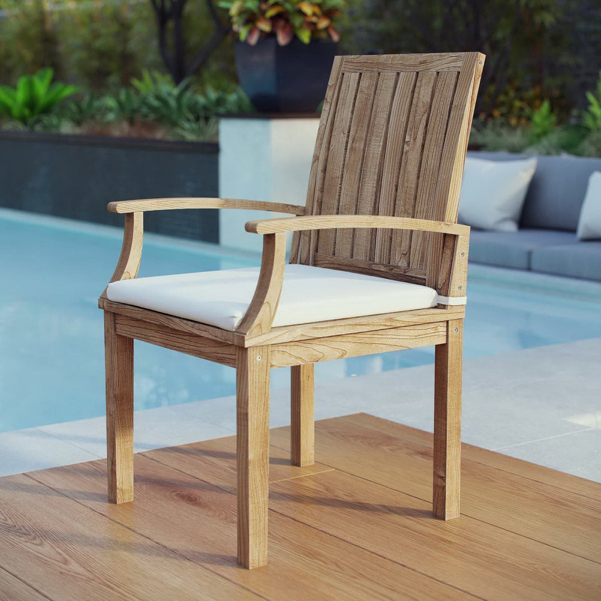 Marina Outdoor Teak Dining Chair by Modway, vertical slat back with white cushion poolside on Tampa Home & Garden Store