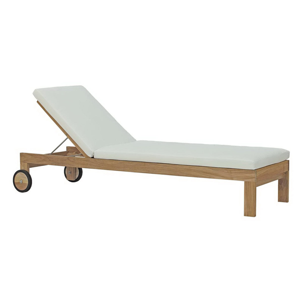Upland Outdoor Teak Chaise by Modway, teak wood frame with white cushions and wheels on Tampa Home & Garden Store