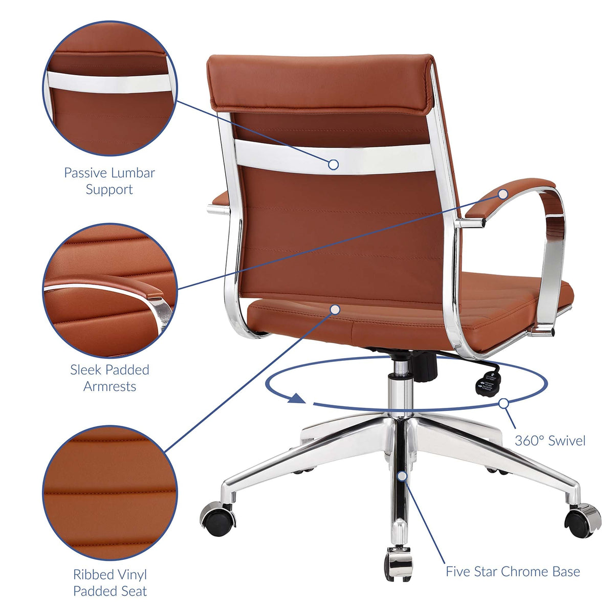 Jive Mid Back Office Chair by Modway brown vinyl with padded arms chrome base Tampa Store on Tampa Home & Garden Store