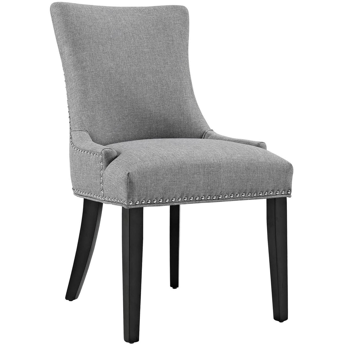 Marquis fabric dining side chair in gray upholstery with nailhead trim and black legs on Tampa Home & Garden Store