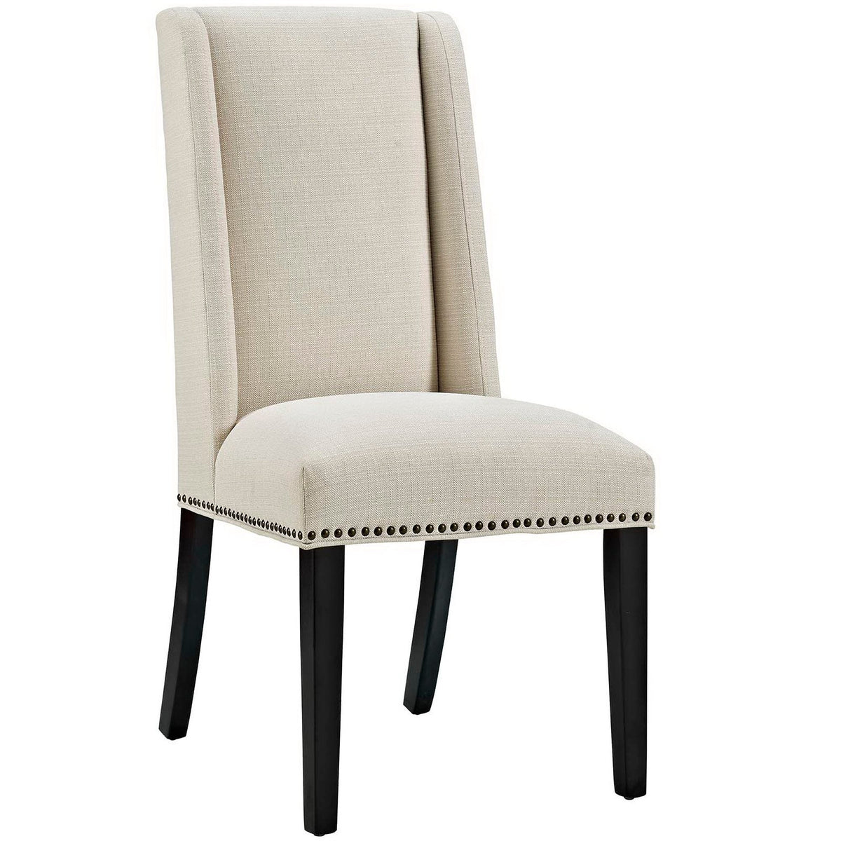 Baron Fabric Dining Chairs set of 2 by Modway, beige upholstery, dark wood legs, nailhead trim on Tampa Home & Garden Store