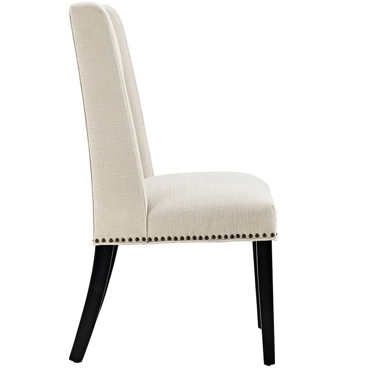 Baron fabric dining chair beige upholstery with nailhead trim and black legs on Tampa Home & Garden Store