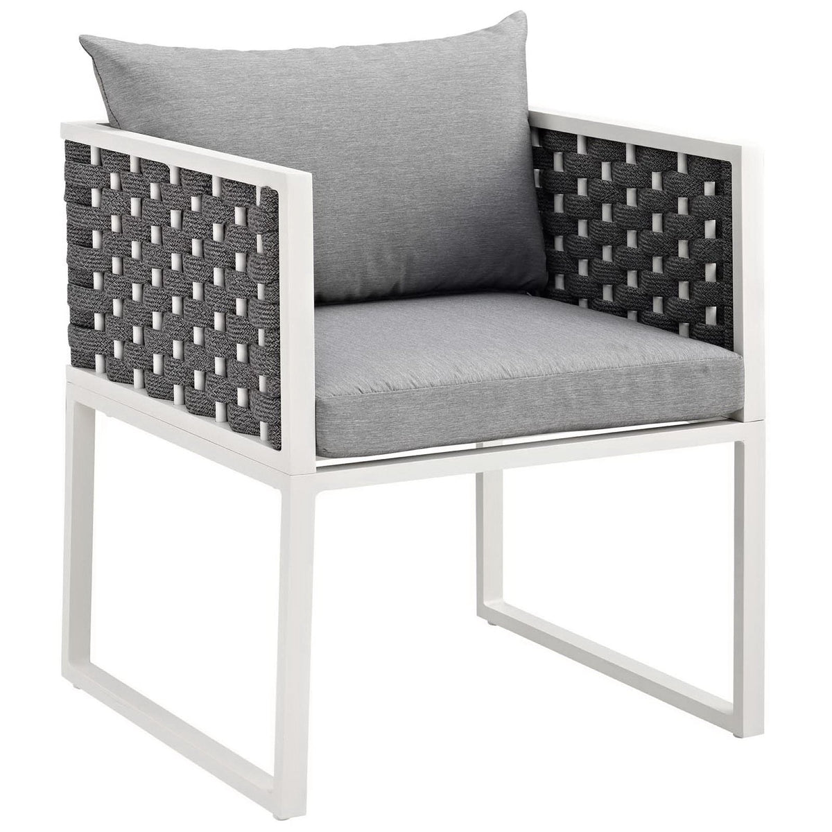 Stance outdoor aluminum dining armchair with white frame and gray woven sides and cushion on Tampa Home & Garden Store