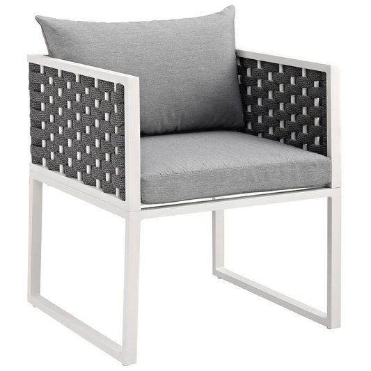 Stance outdoor aluminum dining armchair with white frame and gray woven sides and cushion on Tampa Home & Garden Store