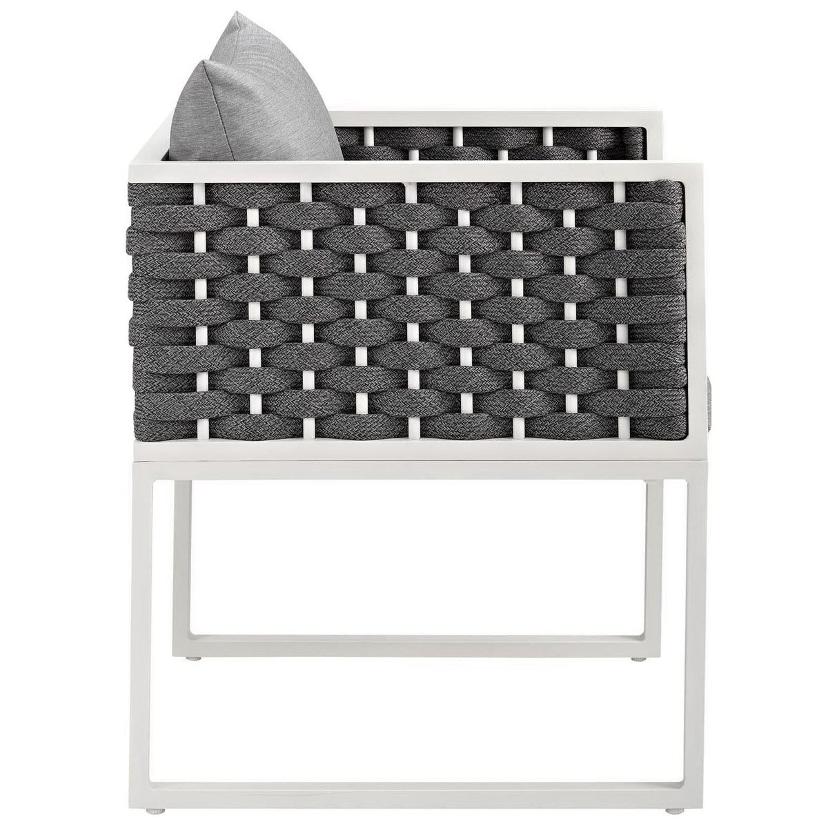 Stance outdoor patio aluminum dining armchair white frame, dark gray woven rattan cushion on Tampa Home & Garden Store