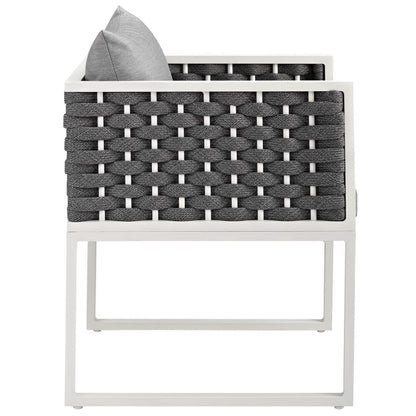 Stance outdoor patio aluminum dining armchair white frame, dark gray woven rattan cushion on Tampa Home & Garden Store
