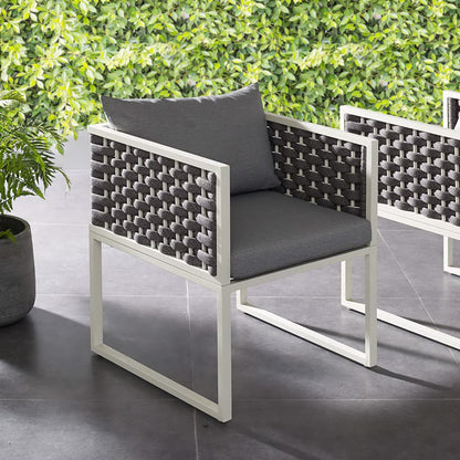 Stance dining armchairs pair with gray woven panels and white aluminum frame by Modway on Tampa Home & Garden Store