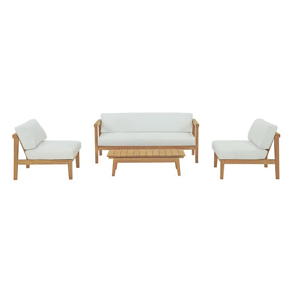 Bayport 4 Piece Outdoor Teak Set by Modway with light gray cushions; sofa, 2 chairs, table on Tampa Home & Garden Store