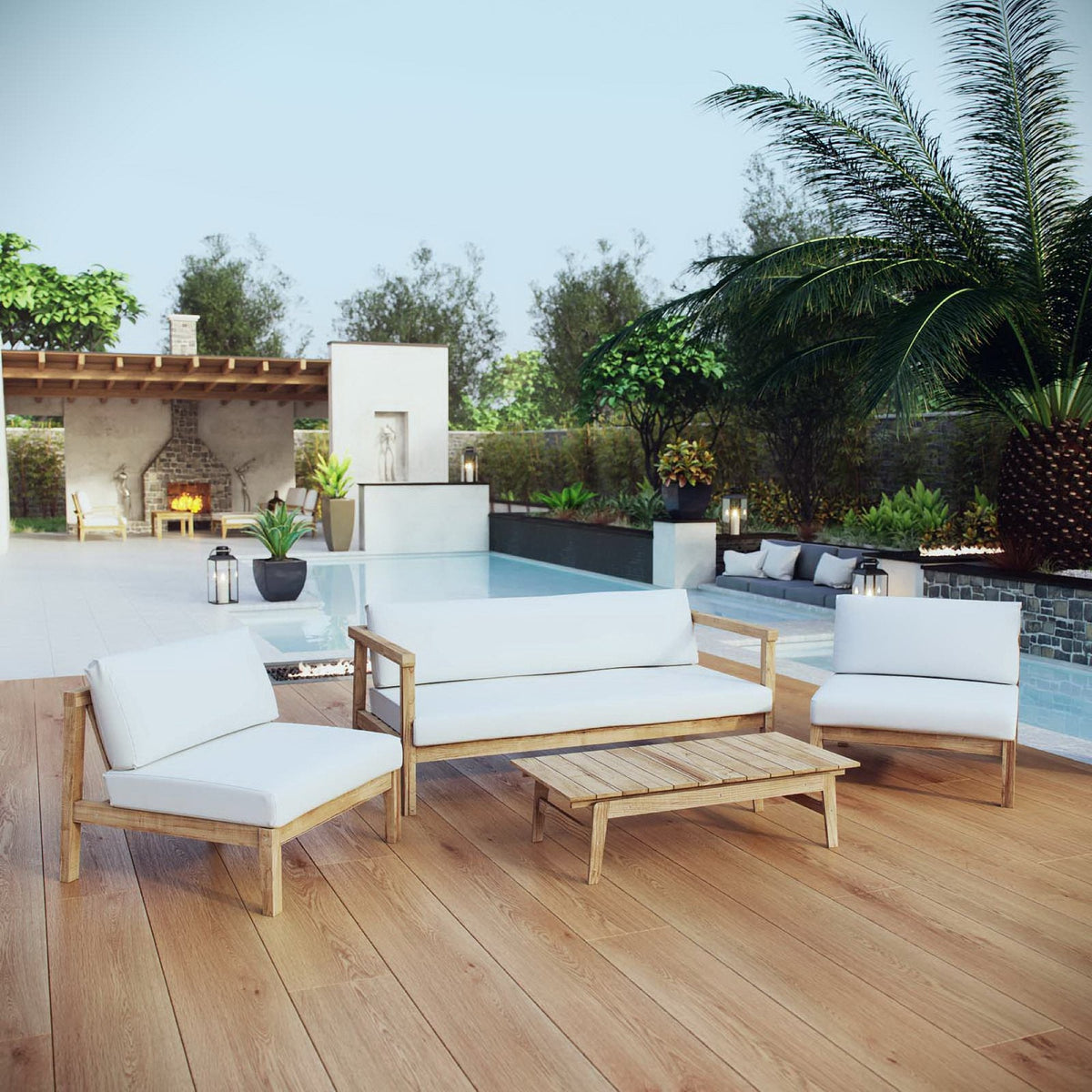 Bayport 4-Piece Outdoor Teak Sofa Sectional with white cushions on Tampa Home & Garden Store