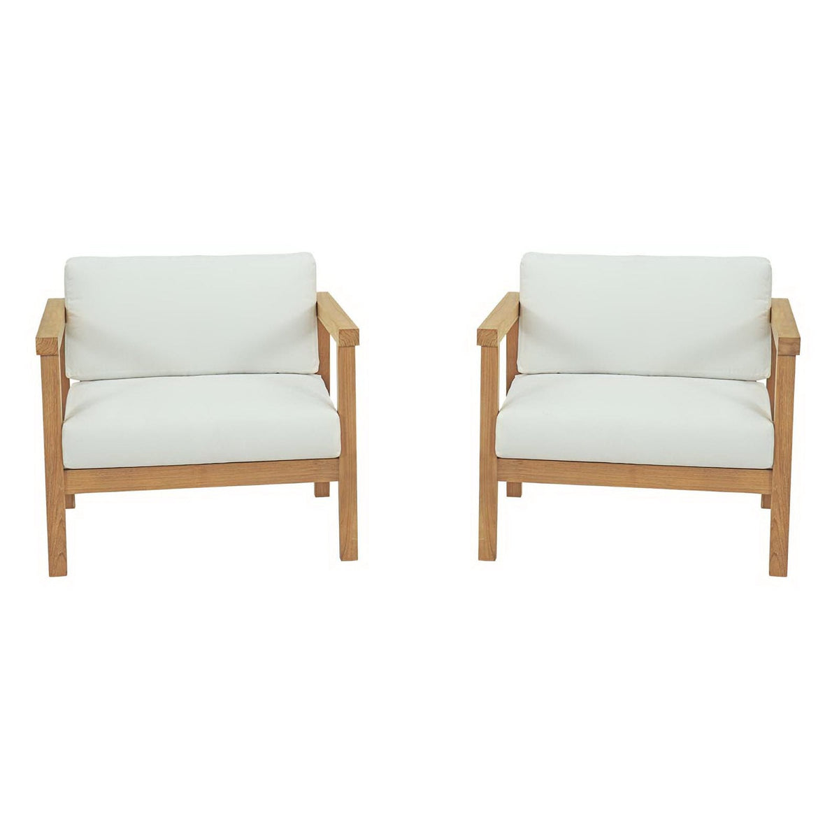 Bayport 2 Piece Outdoor Patio Teak Set with white cushions and natural teak frames, 2 chairs on Tampa Home & Garden Store