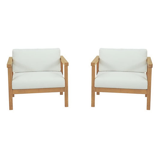 Bayport 2 Piece Outdoor Patio Teak Set with white cushions and natural teak frames, 2 chairs on Tampa Home & Garden Store
