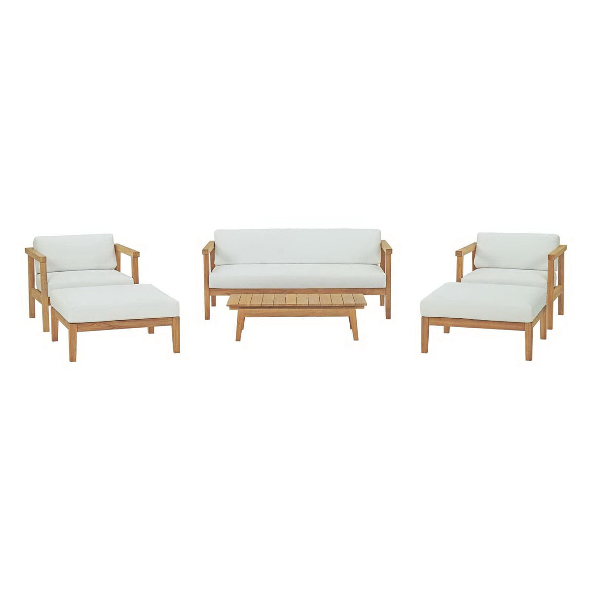Bayport 6-Piece Teak Set with white cushions, sofa and chairs, ottomans and coffee table on Tampa Home & Garden Store