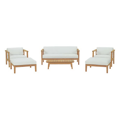 Bayport 6-Piece Teak Set with white cushions, sofa and chairs, ottomans and coffee table on Tampa Home & Garden Store
