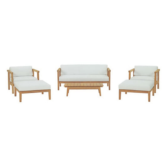 Bayport 6-Piece Teak Set with white cushions, sofa and chairs, ottomans and coffee table on Tampa Home & Garden Store