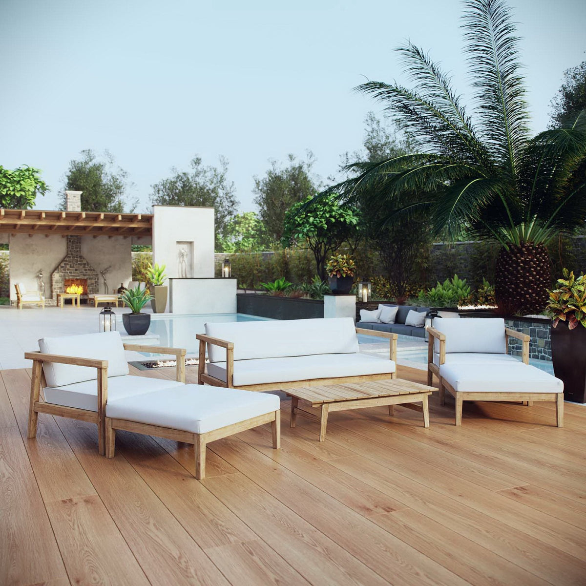 Bayport 6 Piece Outdoor Teak Set by Modway with white cushions, teak frame for patio on Tampa Home & Garden Store