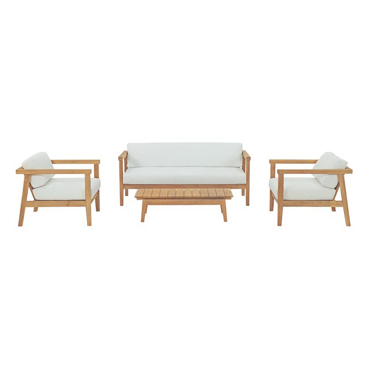 Bayport 4-Piece Outdoor Teak Set with white cushions; teak sofa, 2 chairs, coffee table on Tampa Home & Garden Store