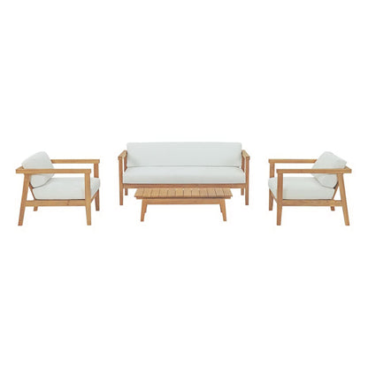 Bayport 4-Piece Outdoor Teak Set with white cushions; teak sofa, 2 chairs, coffee table on Tampa Home & Garden Store