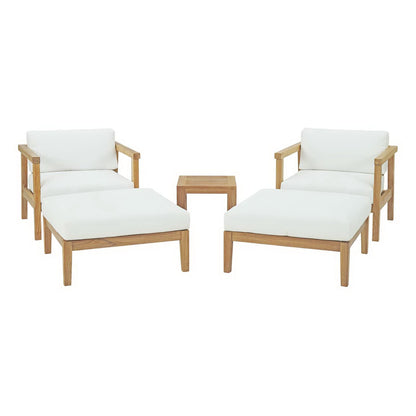 Bayport 5 Piece Outdoor Teak Set with 2 white cushions teak lounge chairs and square table on Tampa Home & Garden Store