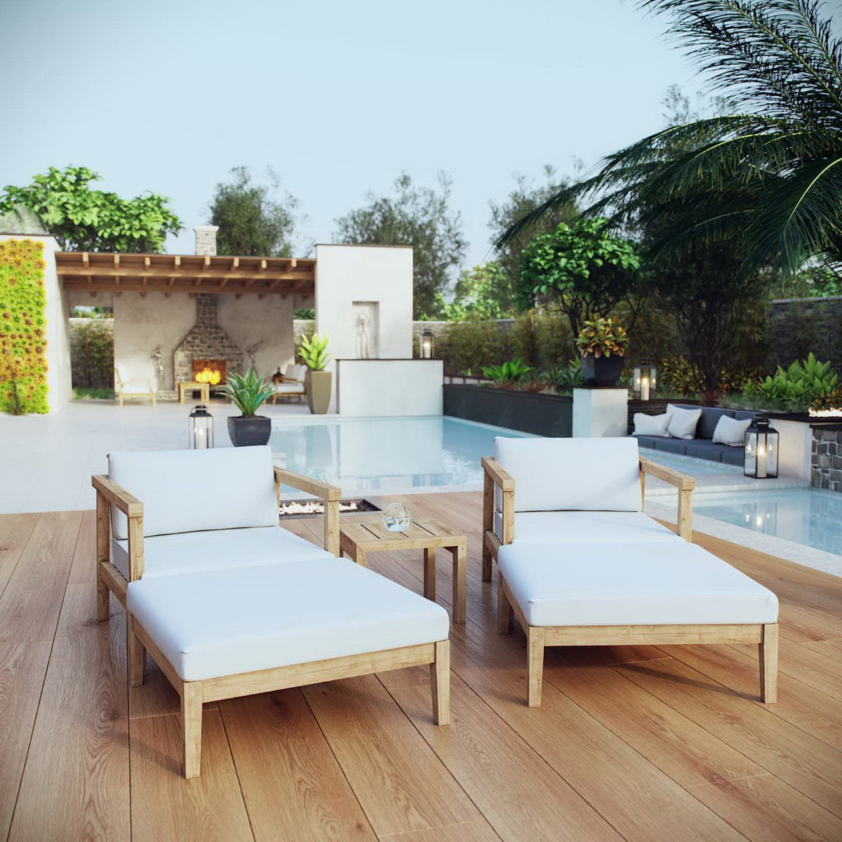 Bayport 5-piece teak outdoor patio set with white cushions by Modway poolside lounge chairs on Tampa Home & Garden Store