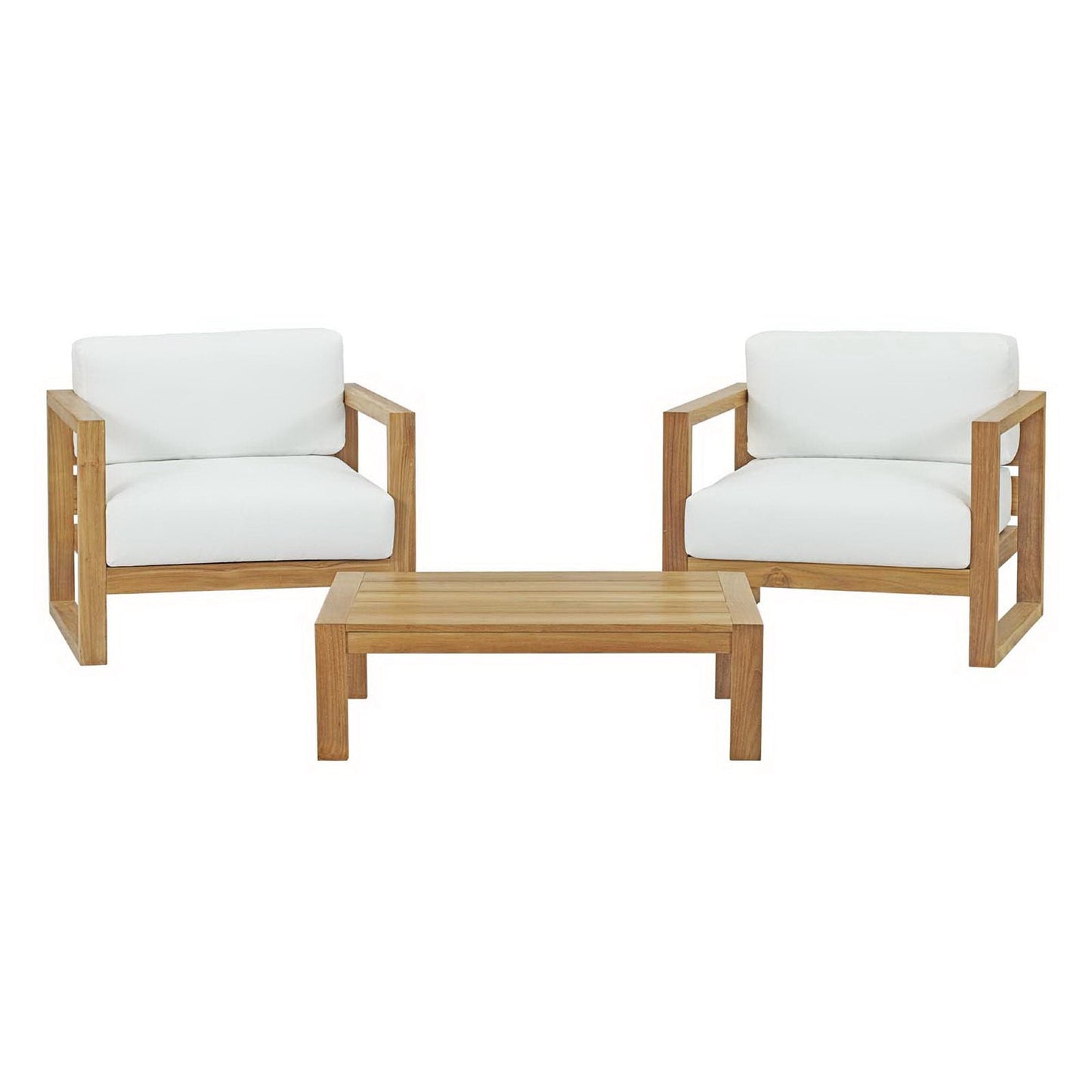 Upland 3 Piece Outdoor Teak Set by Modway, white cushions, two armchairs and coffee table on Tampa Home & Garden Store