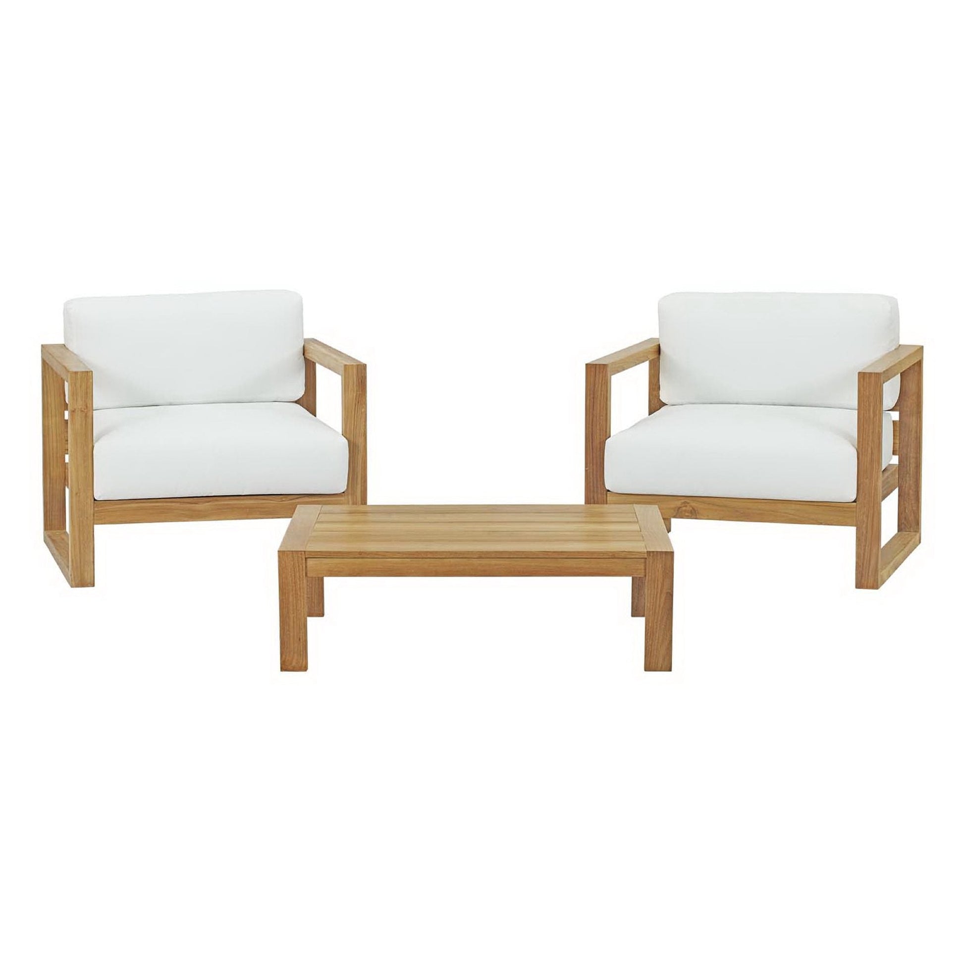 Upland 3 Piece Outdoor Teak Set by Modway, white cushions, two armchairs and coffee table on Tampa Home & Garden Store