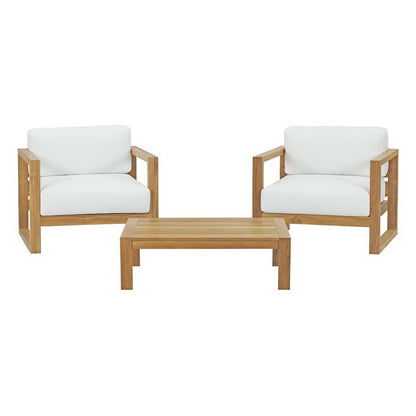 Upland 3 Piece Outdoor Teak Set by Modway, white cushions, two armchairs and coffee table on Tampa Home & Garden Store
