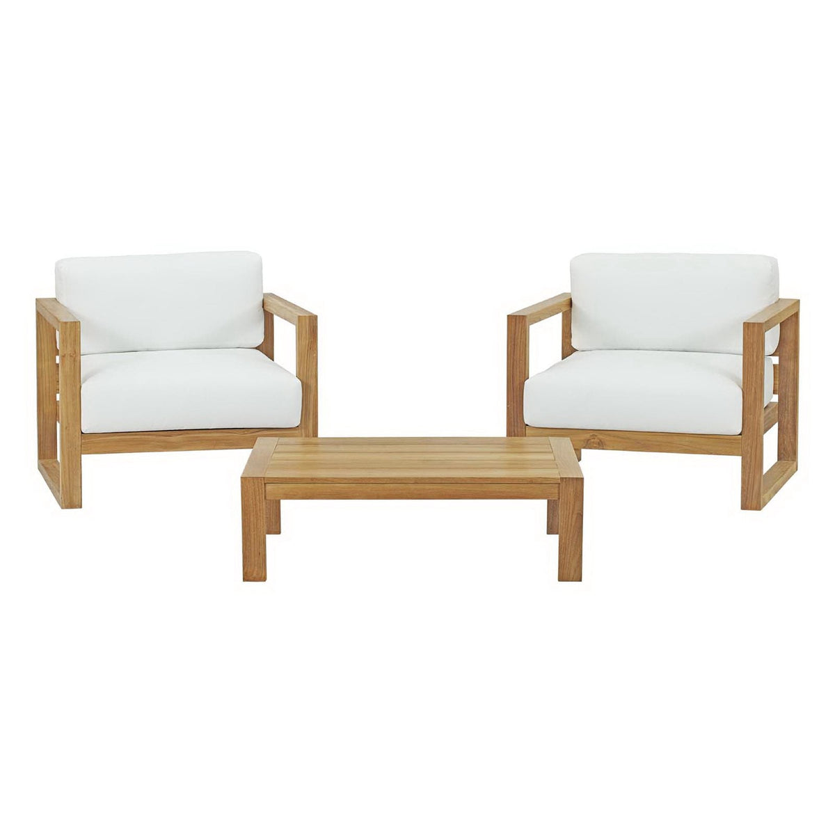Modway Upland 3-Piece Outdoor Teak set with white cushions on teak frames and coffee table on Tampa Home & Garden Store