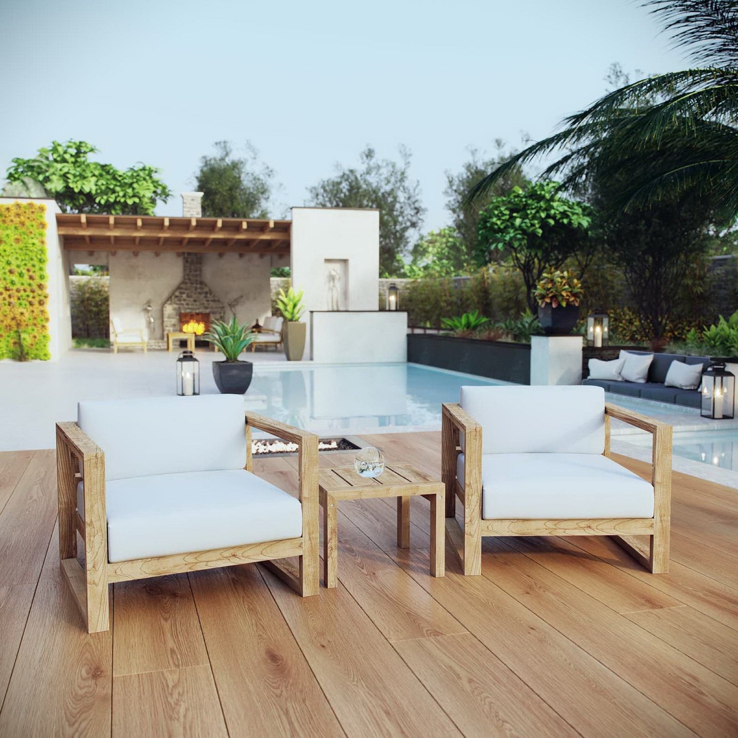Modway Upland 3 Piece Outdoor Teak and Cushions