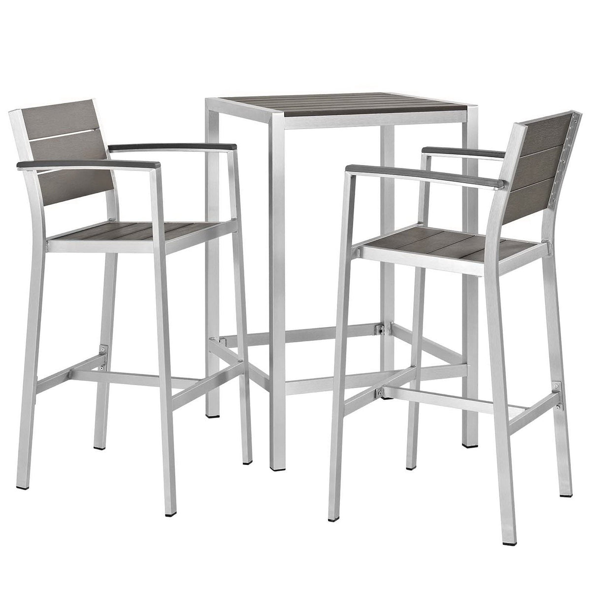 Shore 3 Piece Outdoor Pub Set with aluminum frame brown wood slat table and two brown chairs on Tampa Home & Garden Store