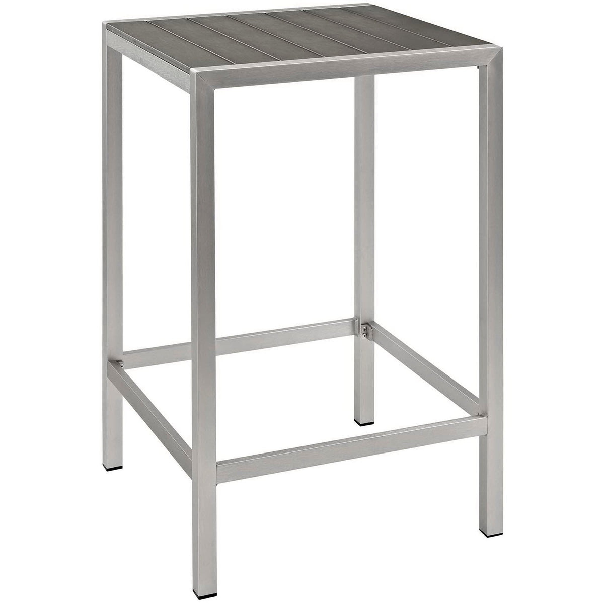 Shore outdoor aluminum pub table with brushed silver slatted top and square frame on Tampa Home & Garden Store