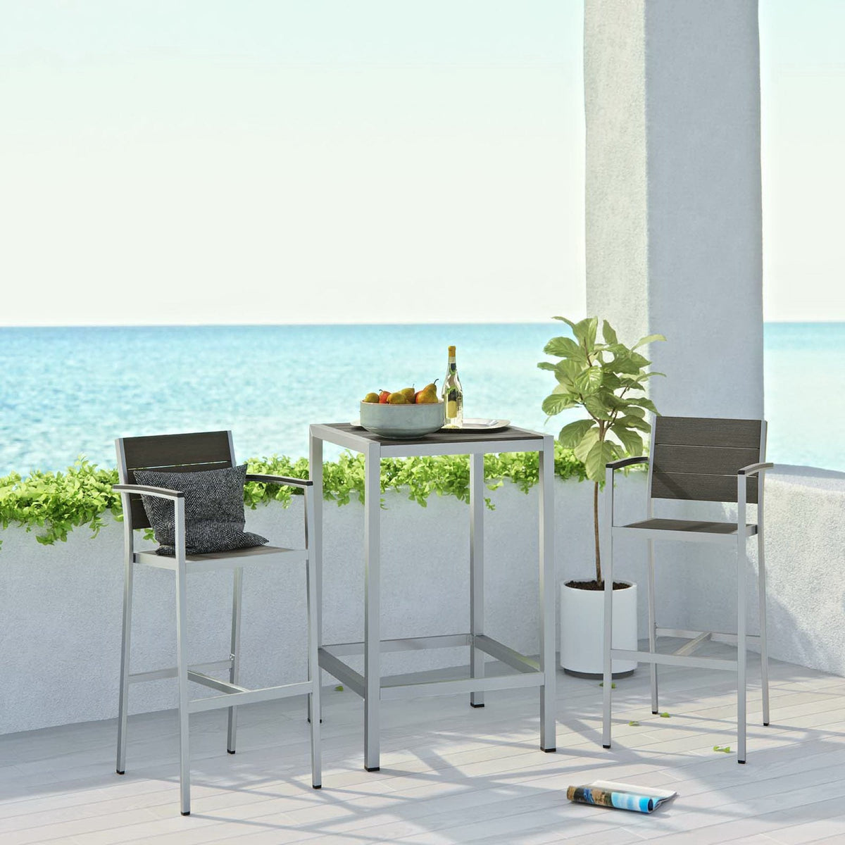 Shore 3 Piece Outdoor Patio Aluminum Pub Set by Modway - bar-height table with two stools, gray aluminum on Tampa Home & Garden Store