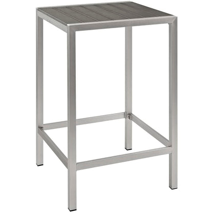 Shore 3 Piece Outdoor Pub Set table in brushed aluminum with slatted top and square legs on Tampa Home & Garden Store
