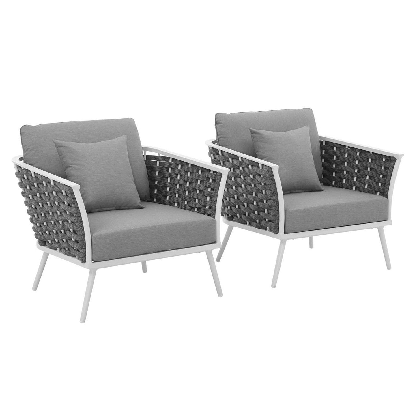 Stance outdoor aluminum armchair set of 2 with gray cushions and white frames on Tampa Home & Garden Store