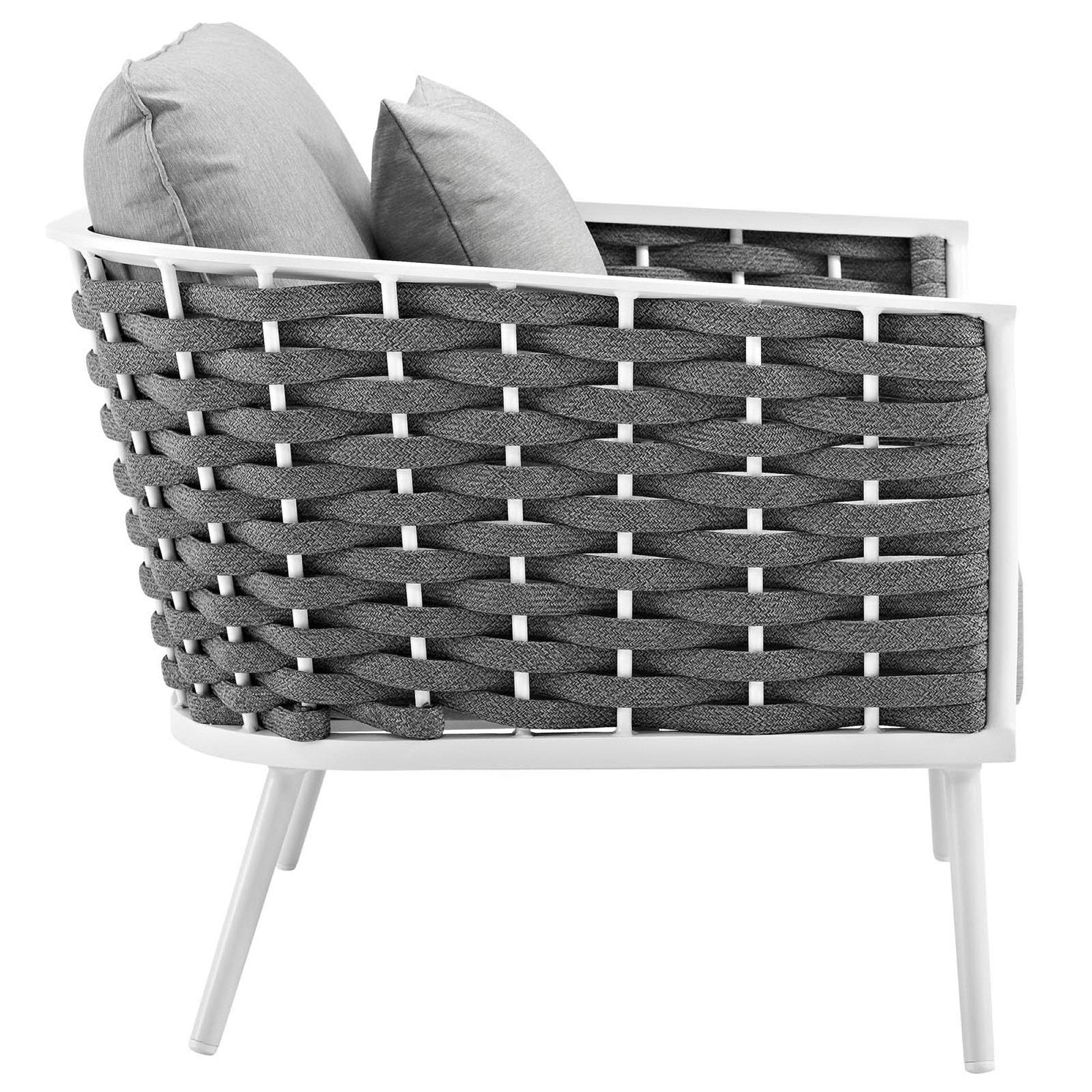 Stance outdoor aluminum armchairs set of 2 with white frame and dark gray woven wicker cushions on Tampa Home & Garden Store