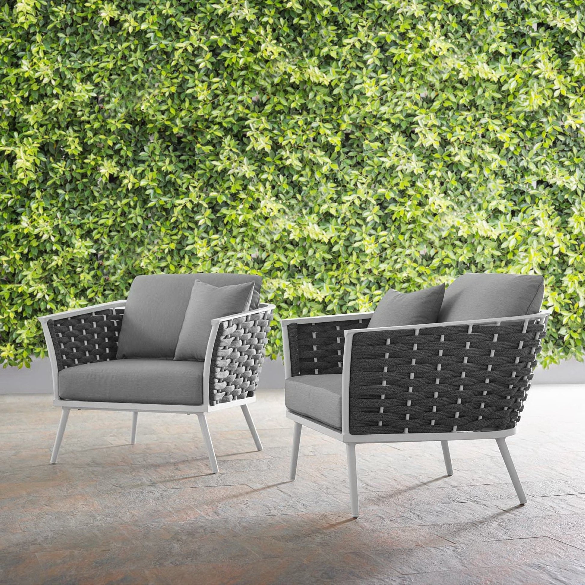 Stance outdoor aluminum armchairs set of 2 with gray cushions and wicker panels HouseOfZazla on Tampa Home & Garden Store