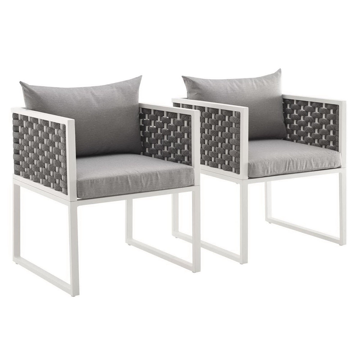 Stance patio aluminum dining armchairs set of 2 with white frames and gray woven cushions on Tampa Home & Garden Store